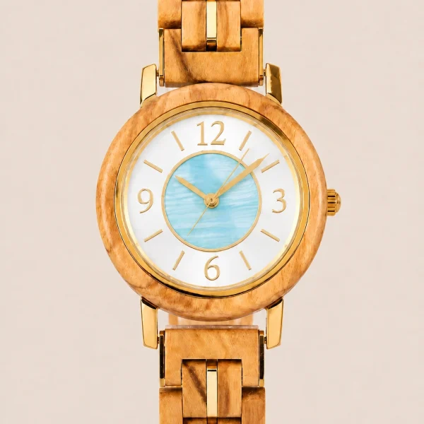 Elira Azure, Woodenson light wood watch with aqua-blue dial